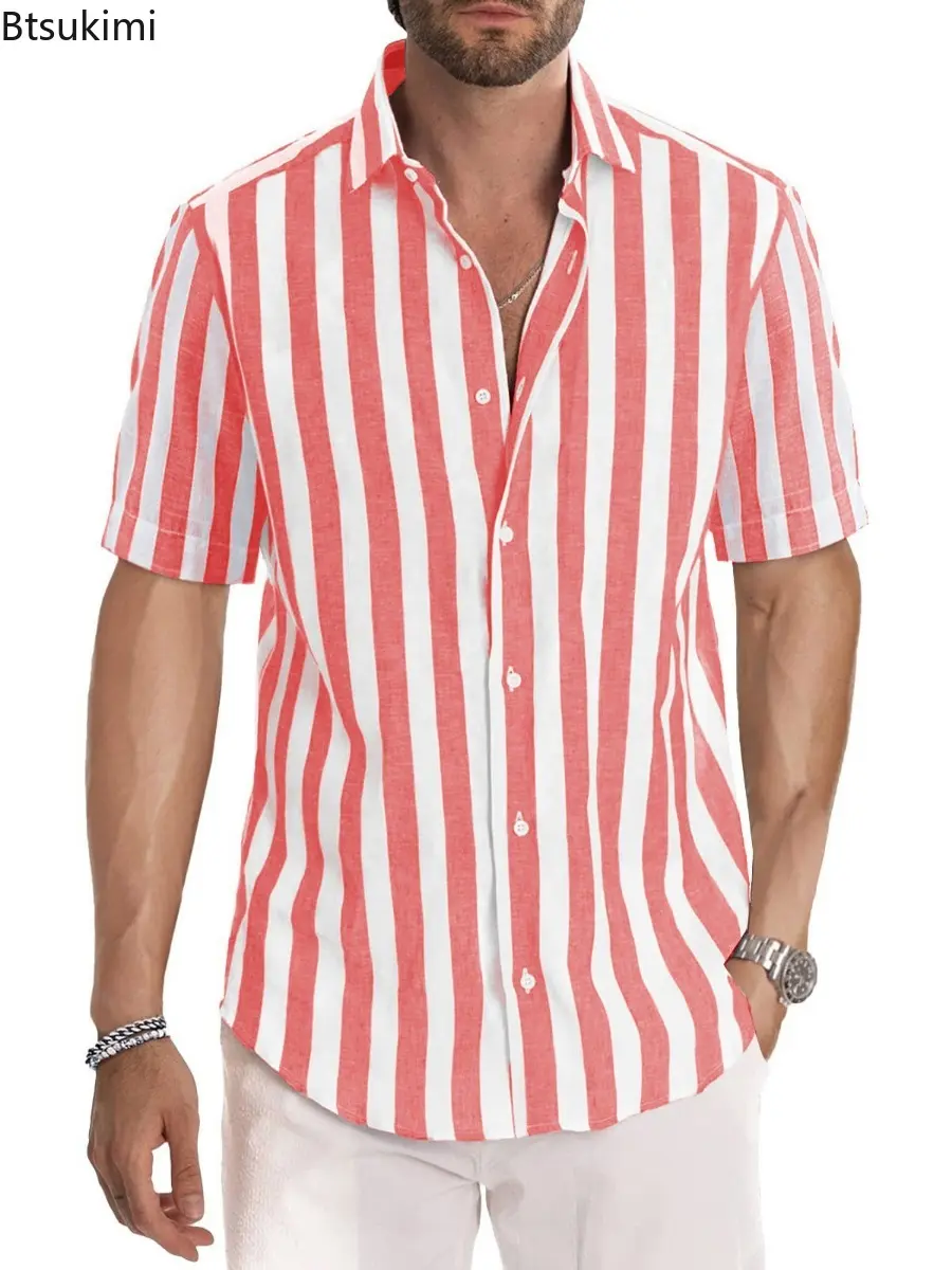 2025 Men's Classic Striped Print Shirts Summer Fashion Cotton Beach Blouse Breathable Short Sleeve Lapel Tops Men Casual T-shirt