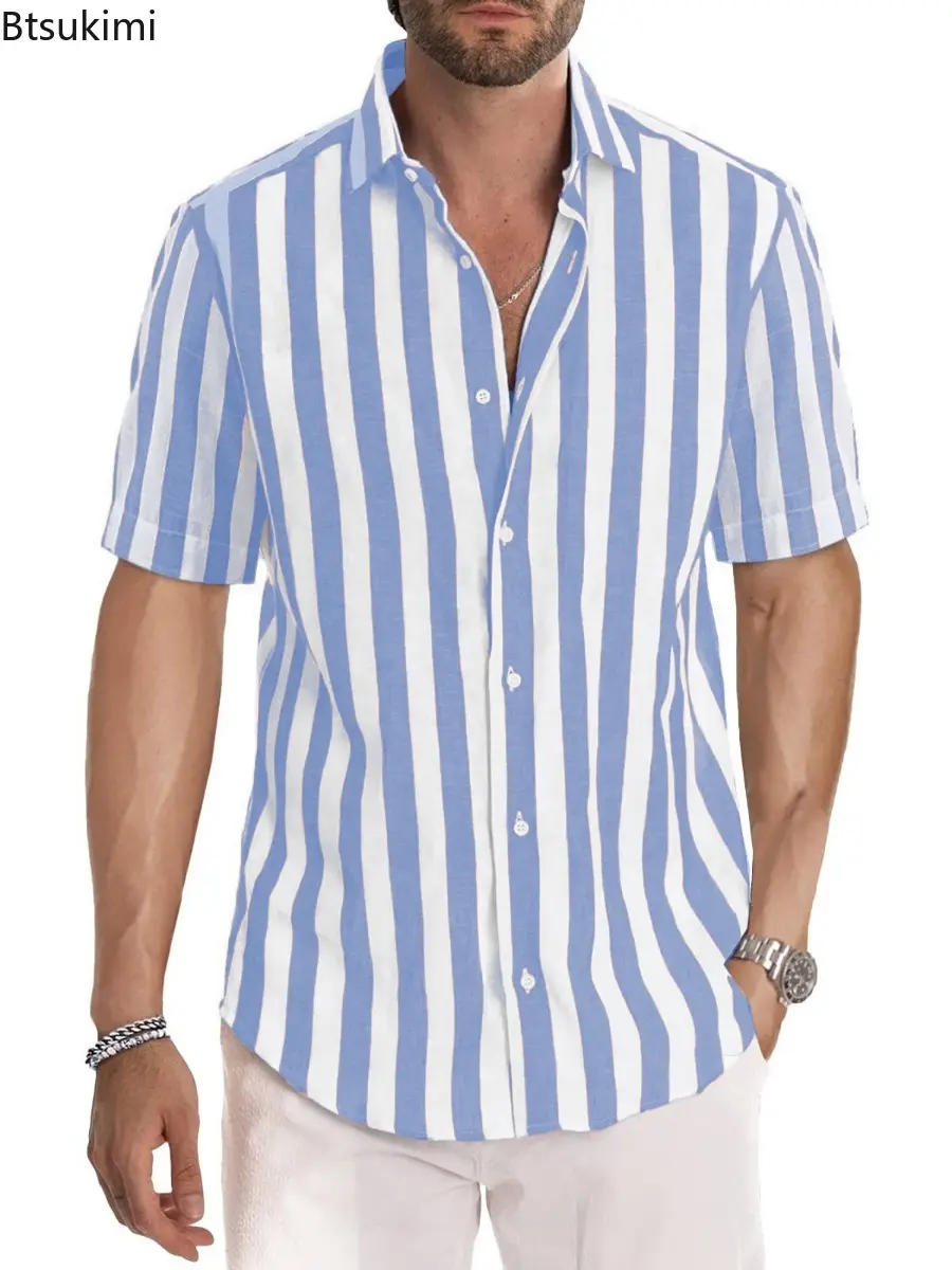 2025 Men's Classic Striped Print Shirts Summer Fashion Cotton Beach Blouse Breathable Short Sleeve Lapel Tops Men Casual T-shirt