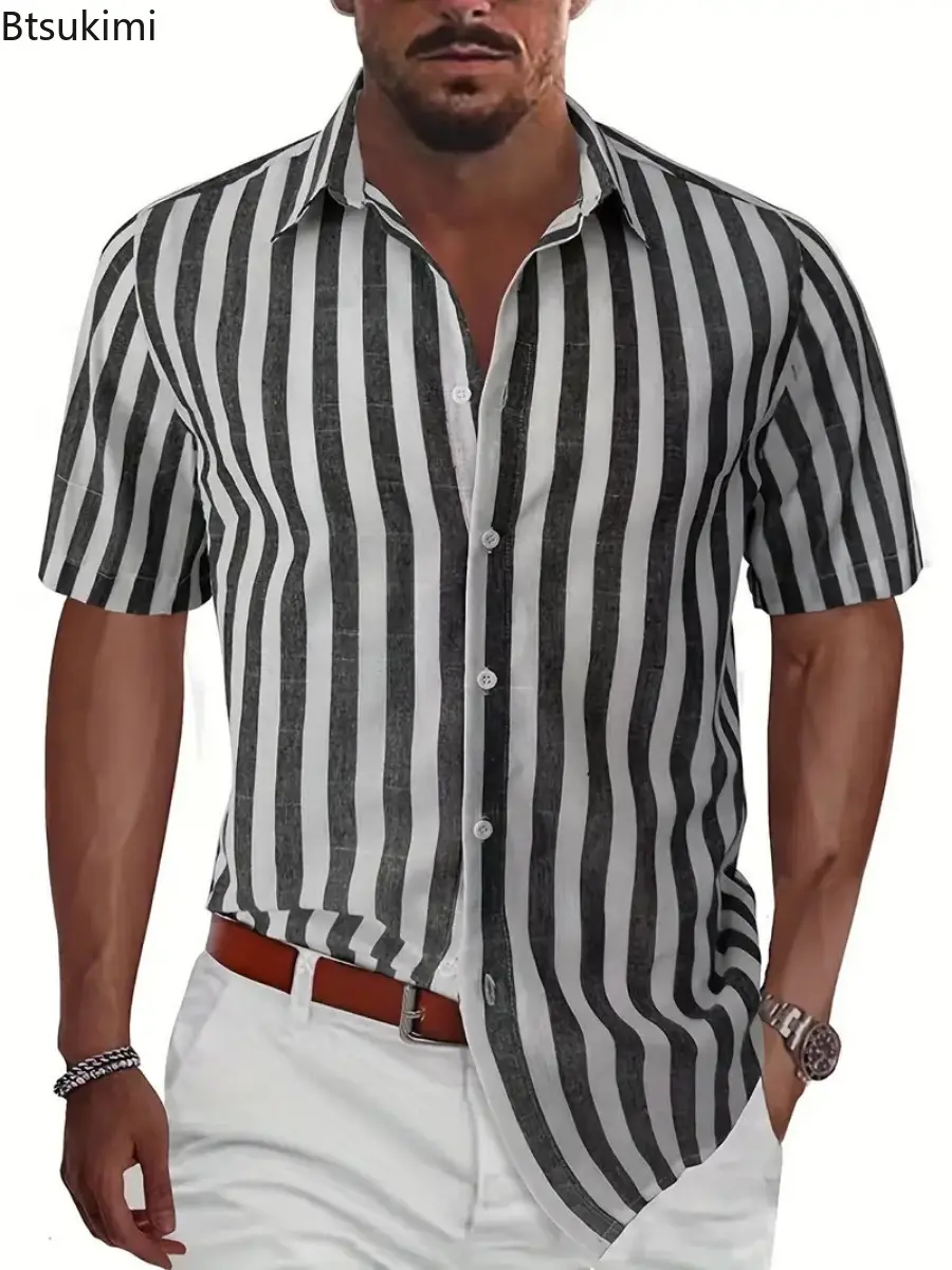 2025 Men's Classic Striped Print Shirts Summer Fashion Cotton Beach Blouse Breathable Short Sleeve Lapel Tops Men Casual T-shirt