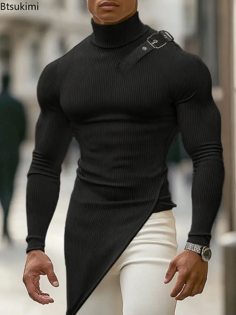 2025 Spring  Autumn Men Solid Slim Fit High Neck Elasticity T-shirt  Male Stripe Long Sleeved Tights Fashion Casual Streetwear