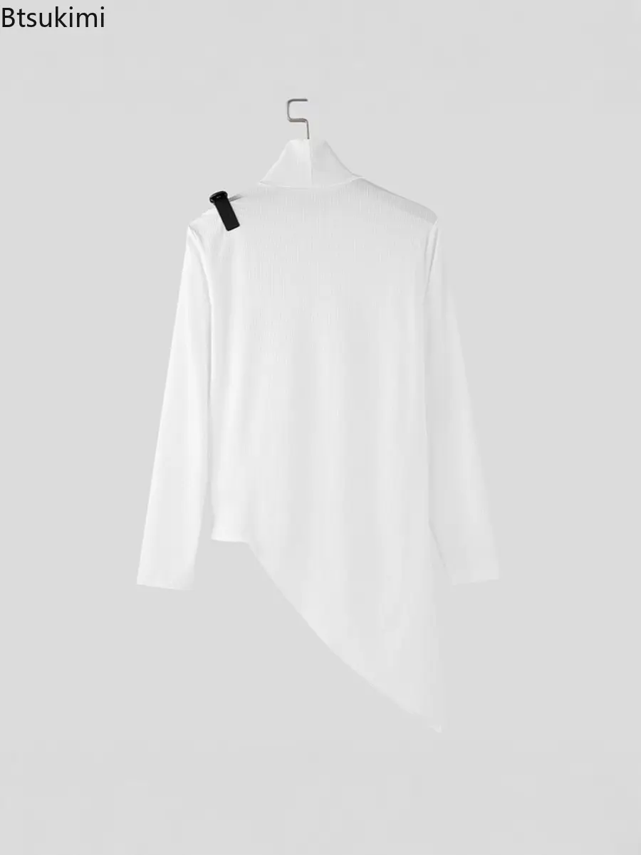 2025 Spring  Autumn Men Solid Slim Fit High Neck Elasticity T-shirt  Male Stripe Long Sleeved Tights Fashion Casual Streetwear