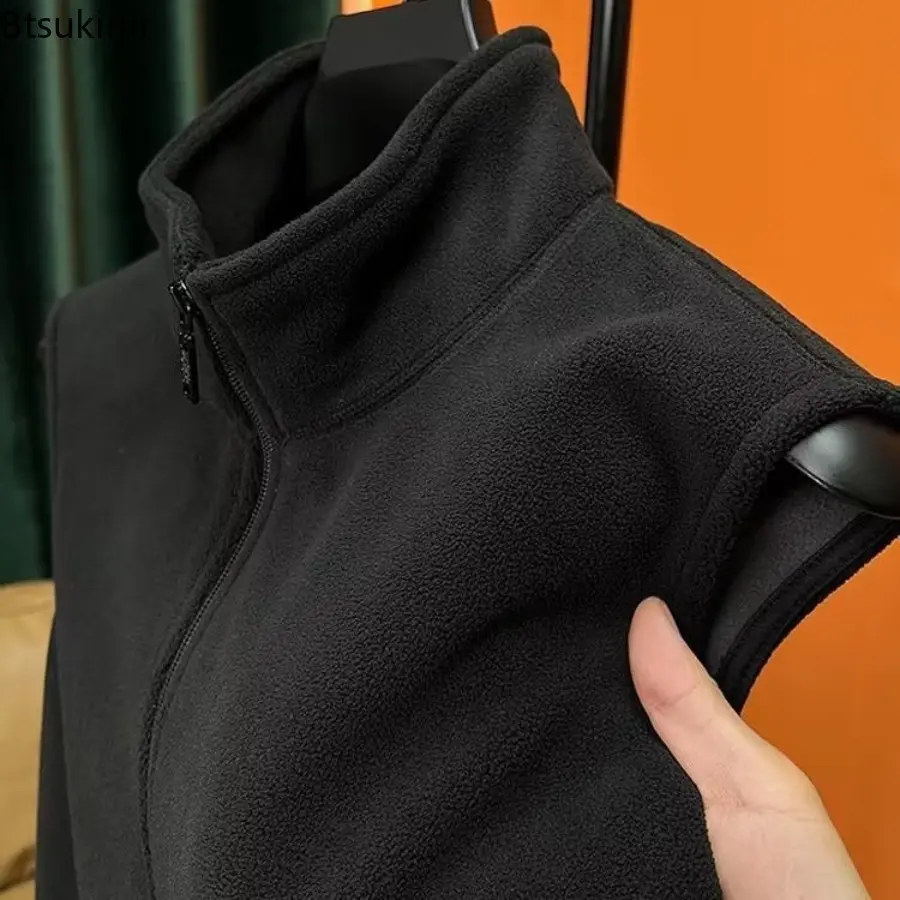 Autumn Winter Men's Polar Fleece Vest Coat Stand-Up Collar Sleeveless Zipper Placket Soft Windproof Outdoor Warm Base Waistcoat