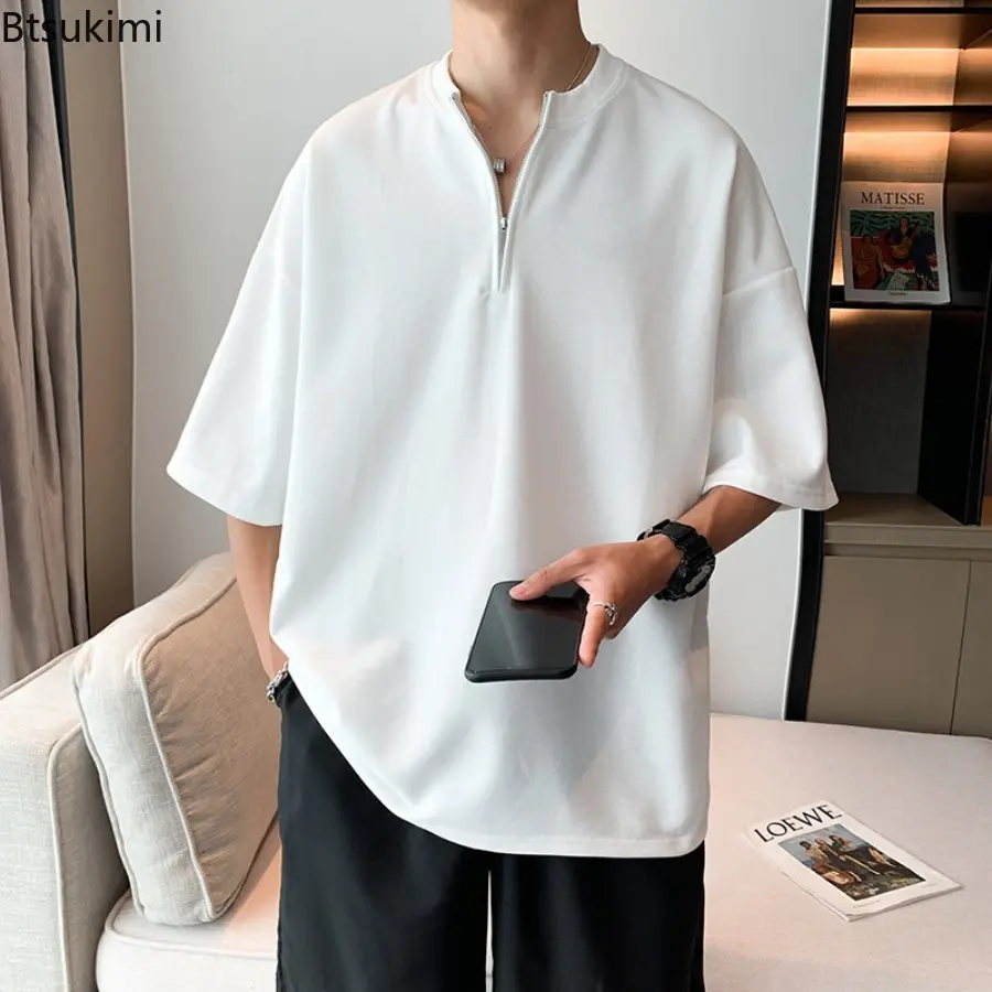 New 2025 Men's Summer Short Sleeved T-shirt Loose Five Quarter Sleeve Tops Trendy Versatile Solid Color Simple Casual T-shirt