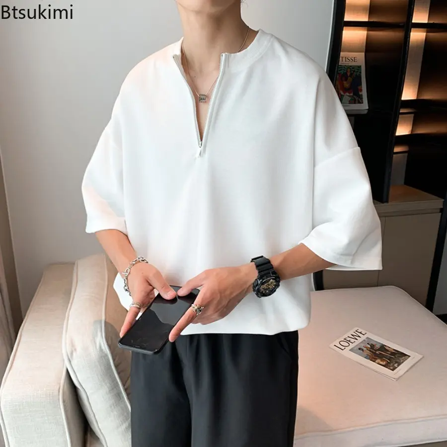 New 2025 Men's Summer Short Sleeved T-shirt Loose Five Quarter Sleeve Tops Trendy Versatile Solid Color Simple Casual T-shirt