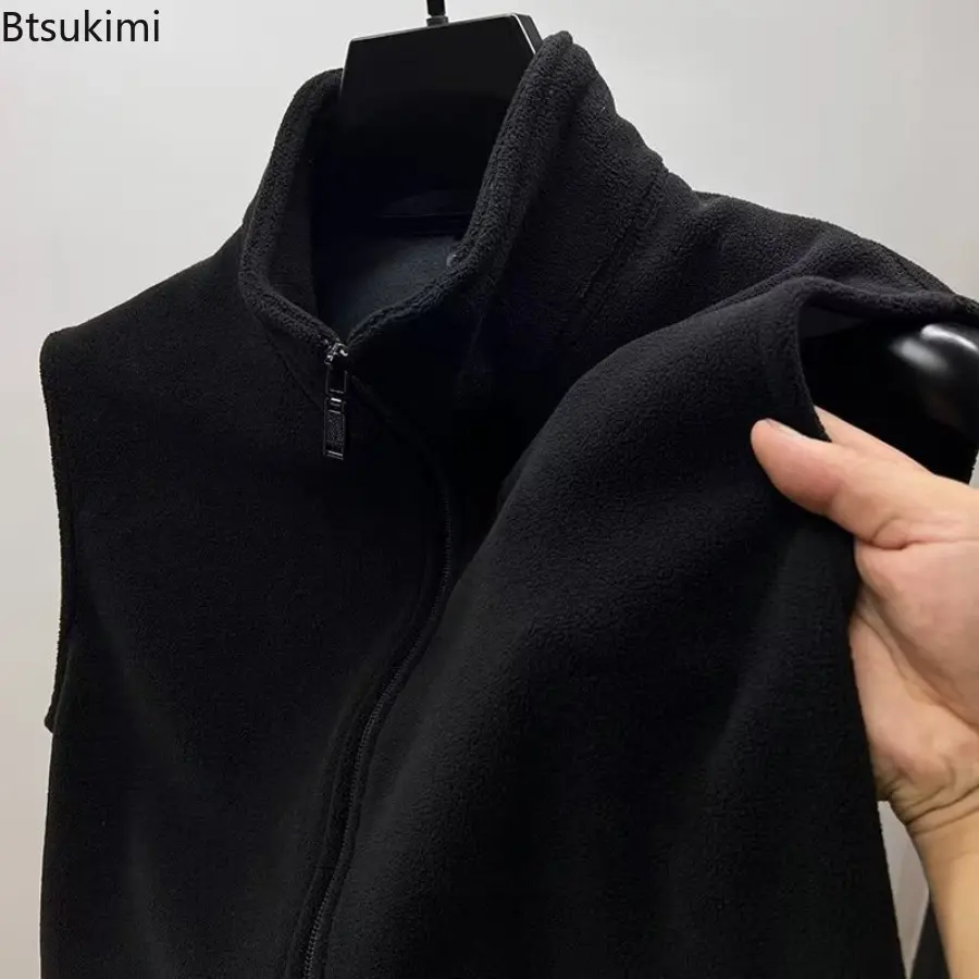 Autumn Winter Men's Polar Fleece Vest Coat Stand-Up Collar Sleeveless Zipper Placket Soft Windproof Outdoor Warm Base Waistcoat