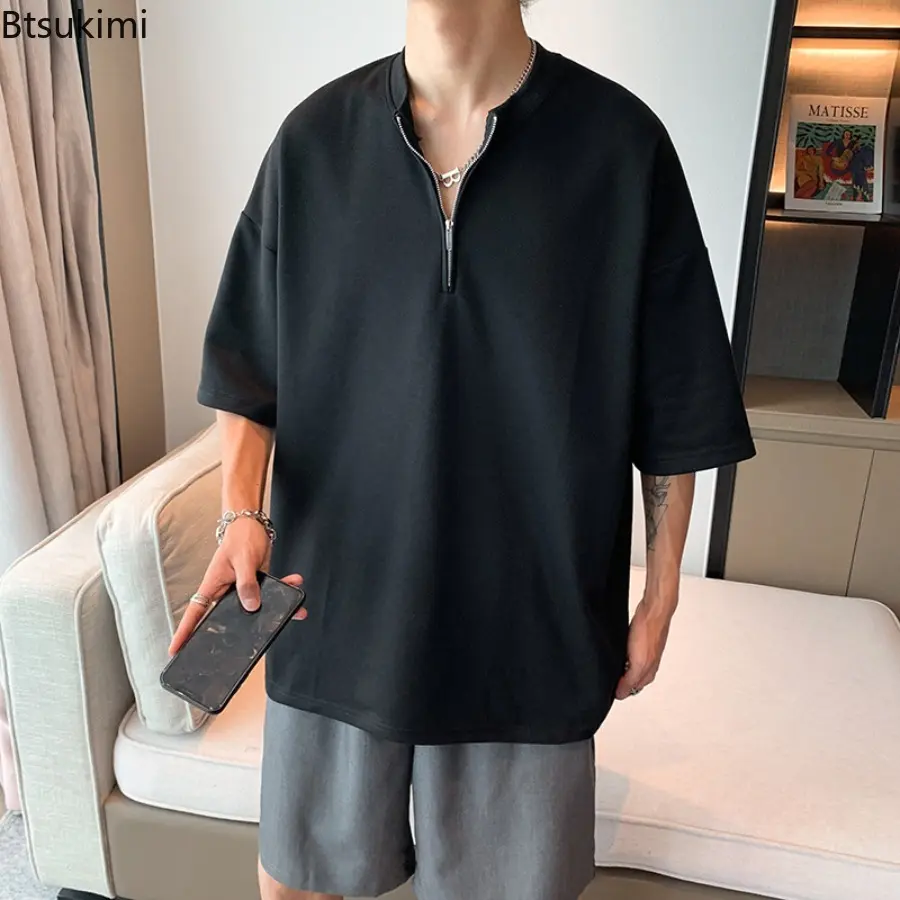 New 2025 Men's Summer Short Sleeved T-shirt Loose Five Quarter Sleeve Tops Trendy Versatile Solid Color Simple Casual T-shirt