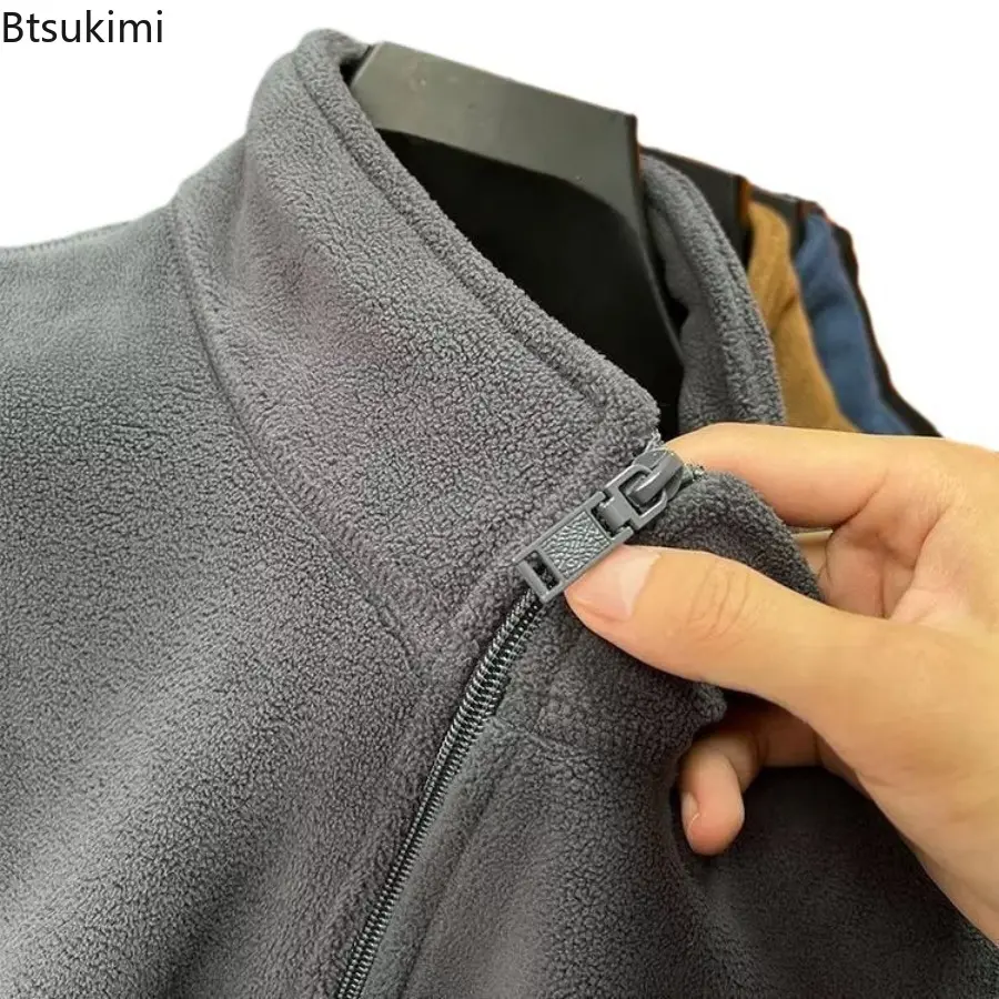 Autumn Winter Men's Polar Fleece Vest Coat Stand-Up Collar Sleeveless Zipper Placket Soft Windproof Outdoor Warm Base Waistcoat