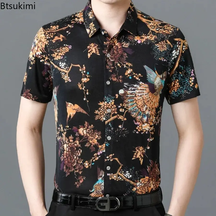 2024 Men's Floral Printed Shirts Fashion Jacquard Business Casual Non-ironing Shirt Men Breathable Ice Silk Short-sleeved Blouse