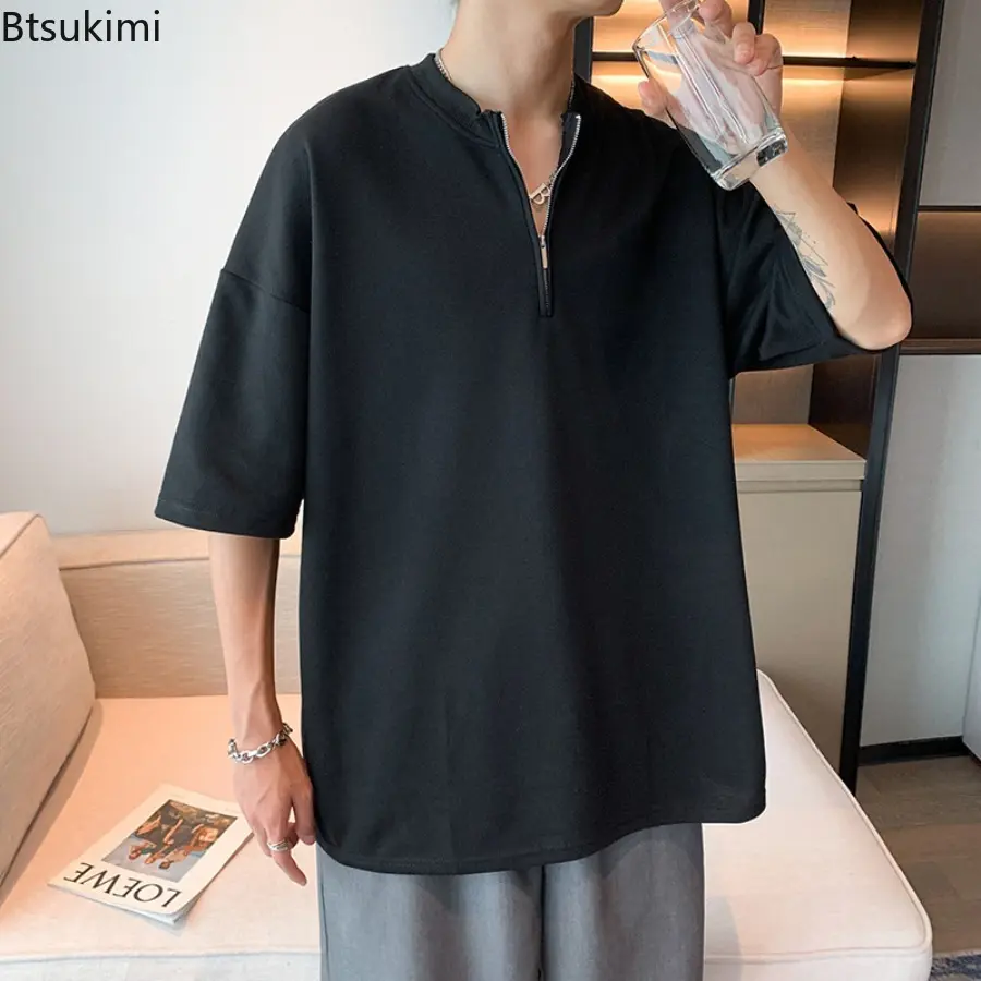 New 2025 Men's Summer Short Sleeved T-shirt Loose Five Quarter Sleeve Tops Trendy Versatile Solid Color Simple Casual T-shirt