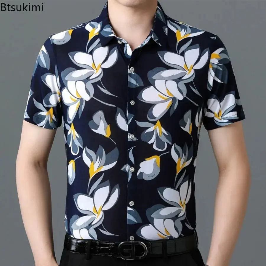 2024 Men's Floral Printed Shirts Fashion Jacquard Business Casual Non-ironing Shirt Men Breathable Ice Silk Short-sleeved Blouse