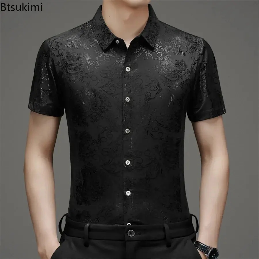 2024 Men's Floral Printed Shirts Fashion Jacquard Business Casual Non-ironing Shirt Men Breathable Ice Silk Short-sleeved Blouse