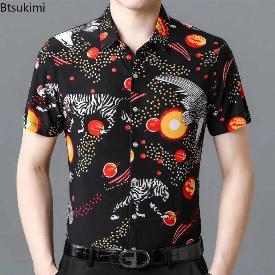 2024 Men's Floral Printed Shirts Fashion Jacquard Business Casual Non-ironing Shirt Men Breathable Ice Silk Short-sleeved Blouse