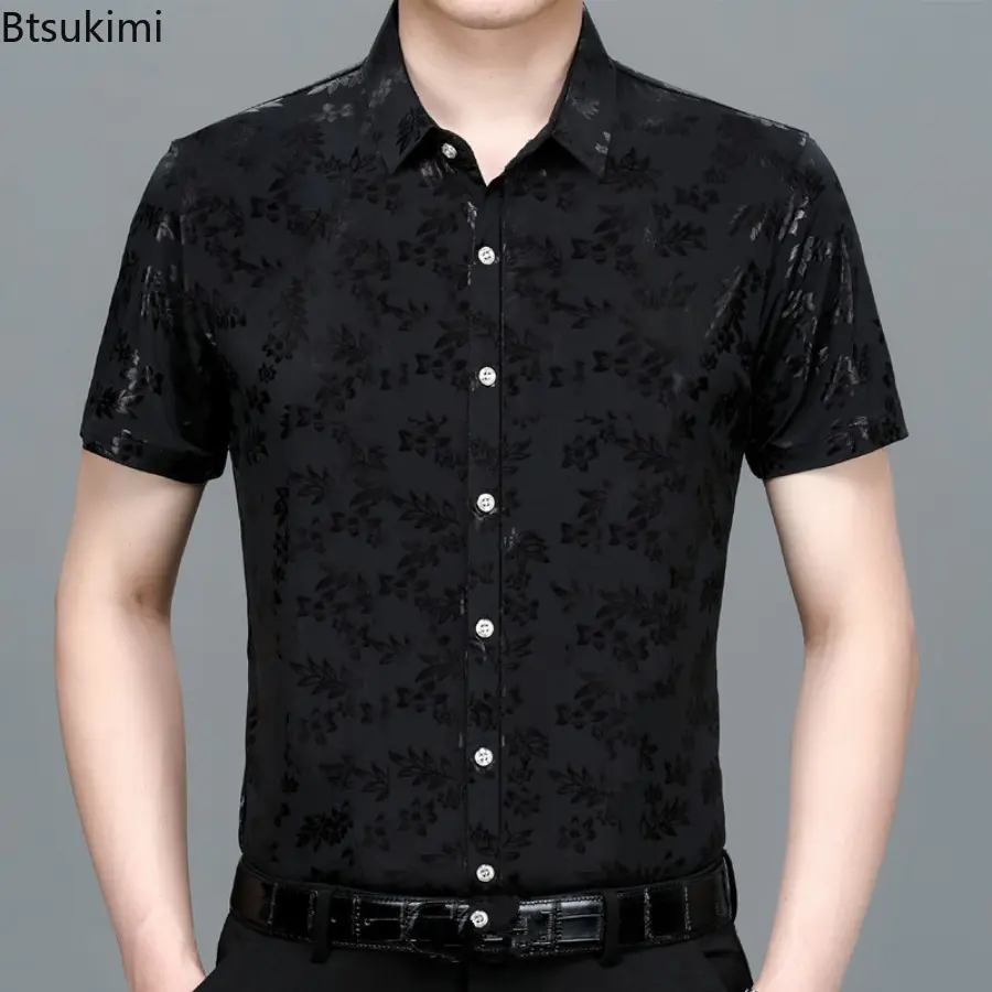 2024 Men's Floral Printed Shirts Fashion Jacquard Business Casual Non-ironing Shirt Men Breathable Ice Silk Short-sleeved Blouse