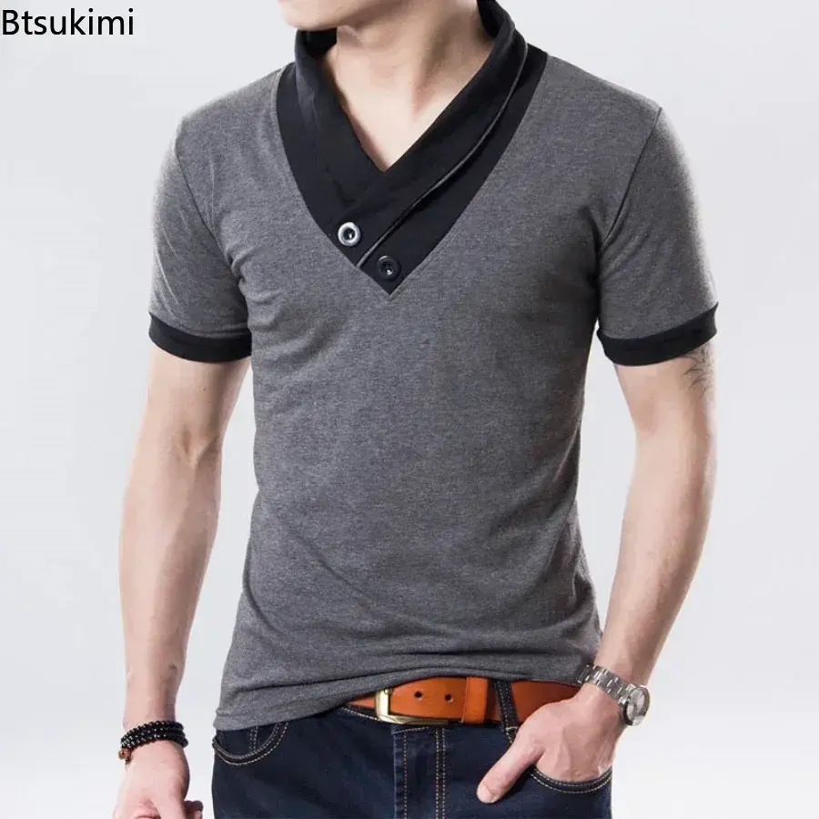 2025 Summer Men's Casual Short-sleeved Cotton T-shirt Fashion Patchwork V-neck Pullover Tops New Korean Style Oversized Tees 5XL