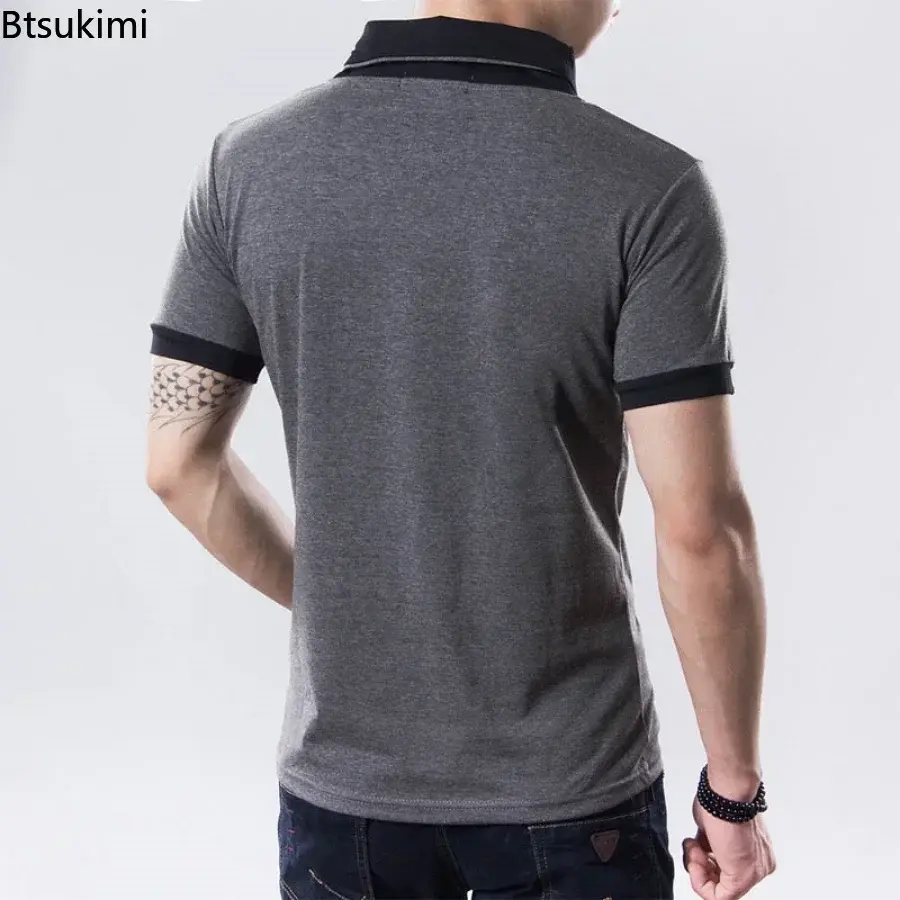 2025 Summer Men's Casual Short-sleeved Cotton T-shirt Fashion Patchwork V-neck Pullover Tops New Korean Style Oversized Tees 5XL