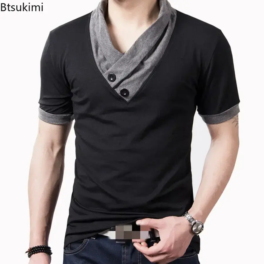 2025 Summer Men's Casual Short-sleeved Cotton T-shirt Fashion Patchwork V-neck Pullover Tops New Korean Style Oversized Tees 5XL