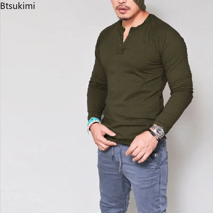 2025 Men's Slim T-shirt Pullover Tops T Shirt Solid Long Sleeve Breathable Cotton O Neck Blouse T-shirt Casual Versatile Tops