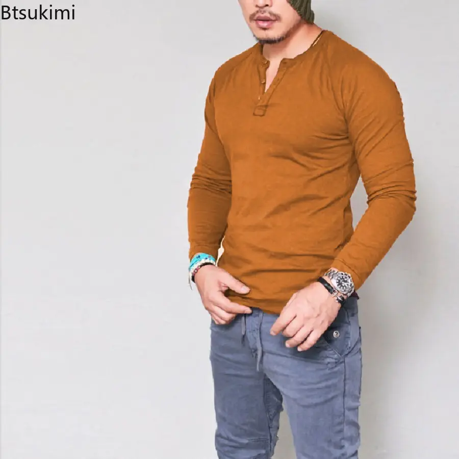 2025 Men's Slim T-shirt Pullover Tops T Shirt Solid Long Sleeve Breathable Cotton O Neck Blouse T-shirt Casual Versatile Tops