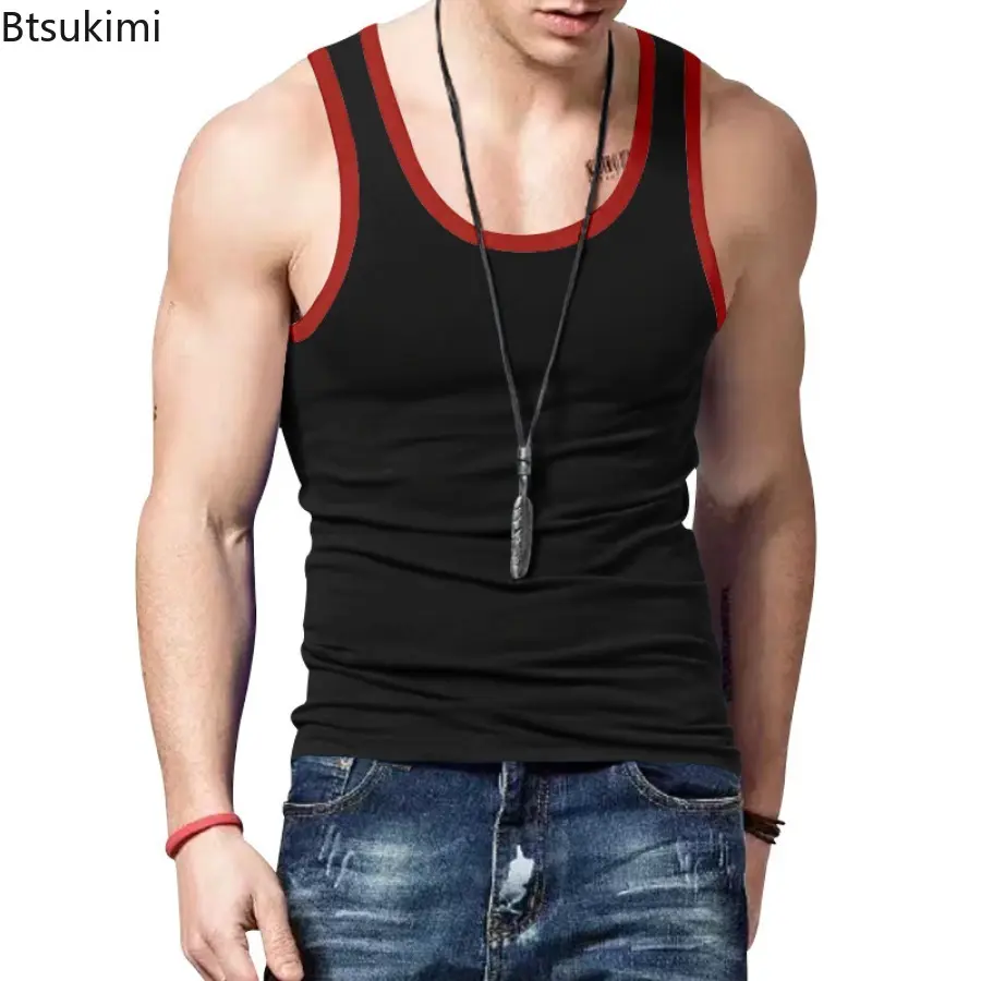 Summer Men's Slim Sport Tank Tops Fashion Colorblock O-neck Sleeveless Casual Vest Men Fitness Undershirts Gym Clothing T-shirts