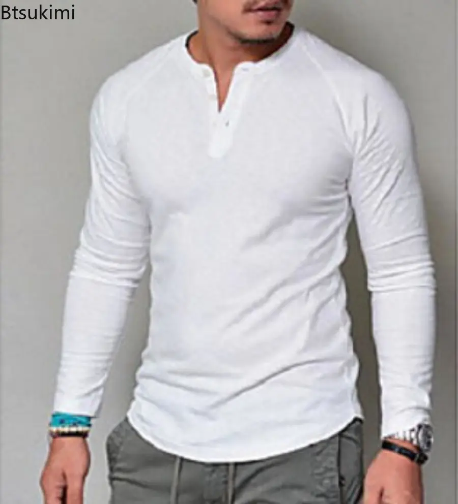 2025 Men's Slim T-shirt Pullover Tops T Shirt Solid Long Sleeve Breathable Cotton O Neck Blouse T-shirt Casual Versatile Tops