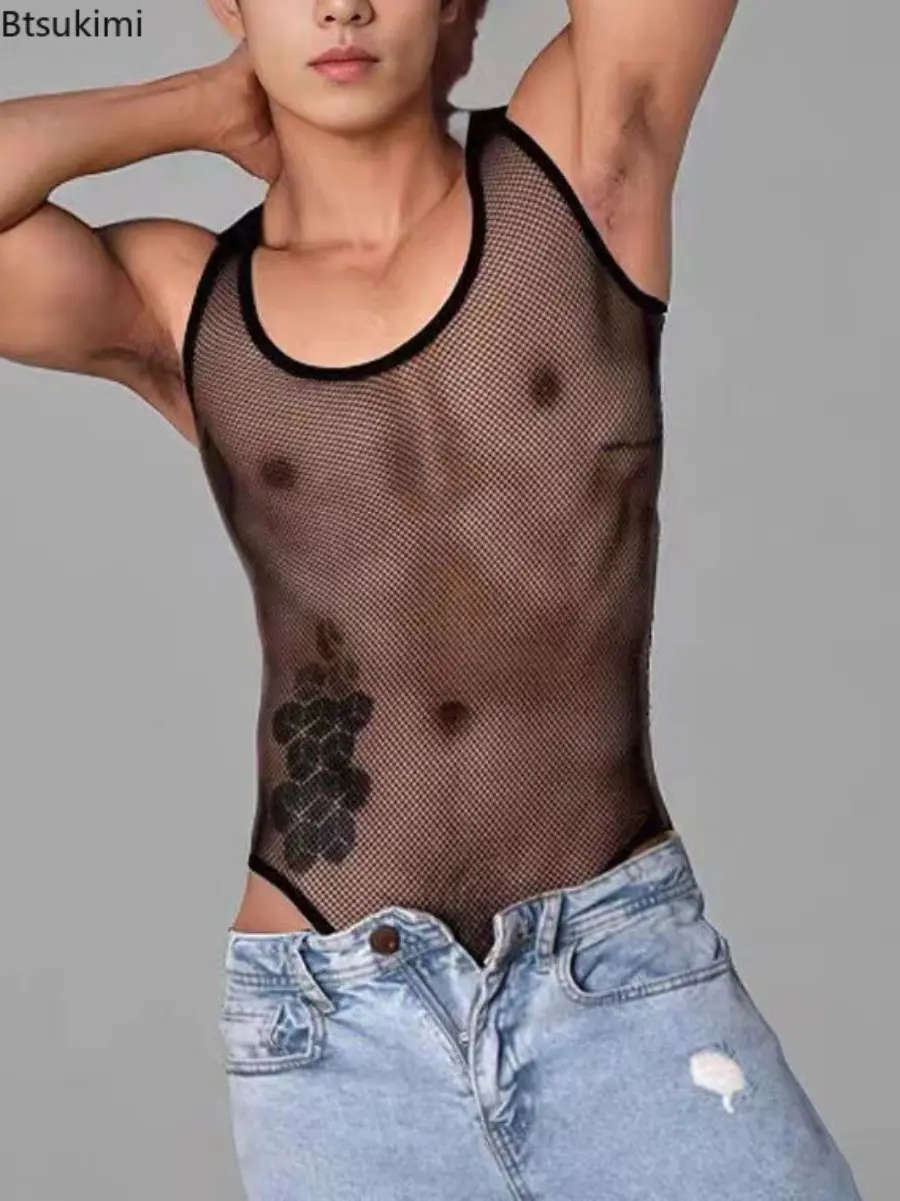 Fashion New Men's Sleeveless Mesh Jumpsuits Vest Breathable Sexy Hollow Out See Through Casual Home Wear Men Triangle Bodysuits
