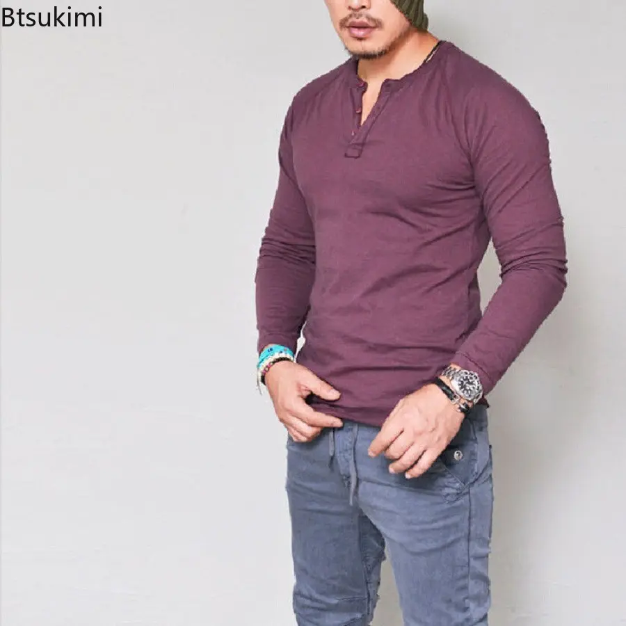 2025 Men's Slim T-shirt Pullover Tops T Shirt Solid Long Sleeve Breathable Cotton O Neck Blouse T-shirt Casual Versatile Tops