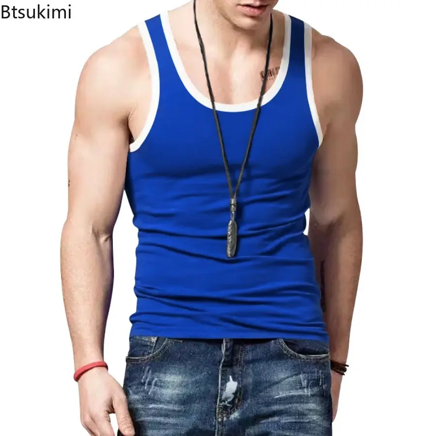 Summer Men's Slim Sport Tank Tops Fashion Colorblock O-neck Sleeveless Casual Vest Men Fitness Undershirts Gym Clothing T-shirts