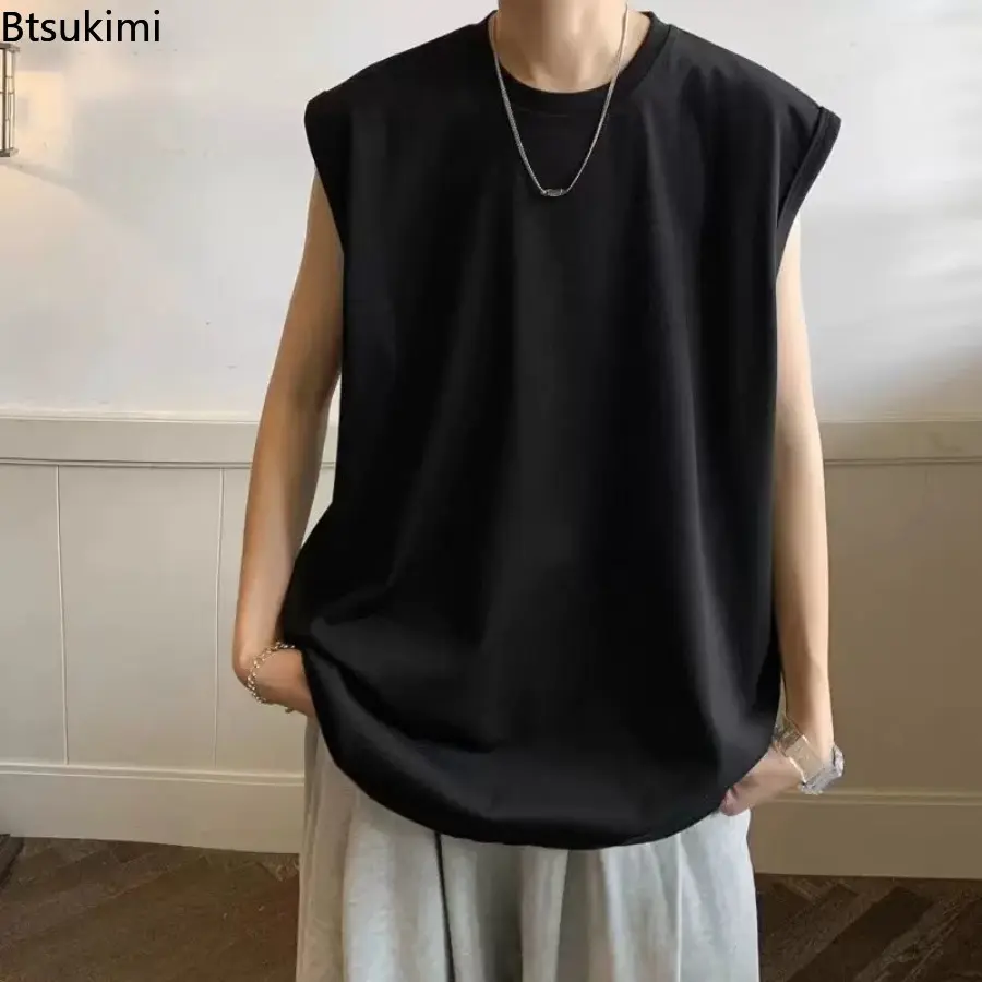 2025 New Wummer Men's Sleeveless T Shirt Summer Fashion Solid O Neck Sleeveless T Shirts Men Large Size Casual Loose Street Tops