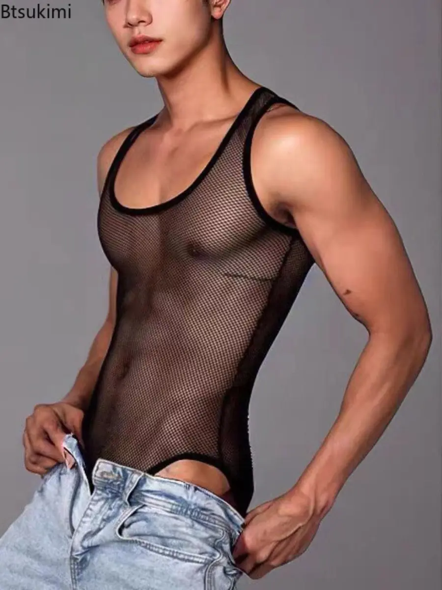 Fashion New Men's Sleeveless Mesh Jumpsuits Vest Breathable Sexy Hollow Out See Through Casual Home Wear Men Triangle Bodysuits