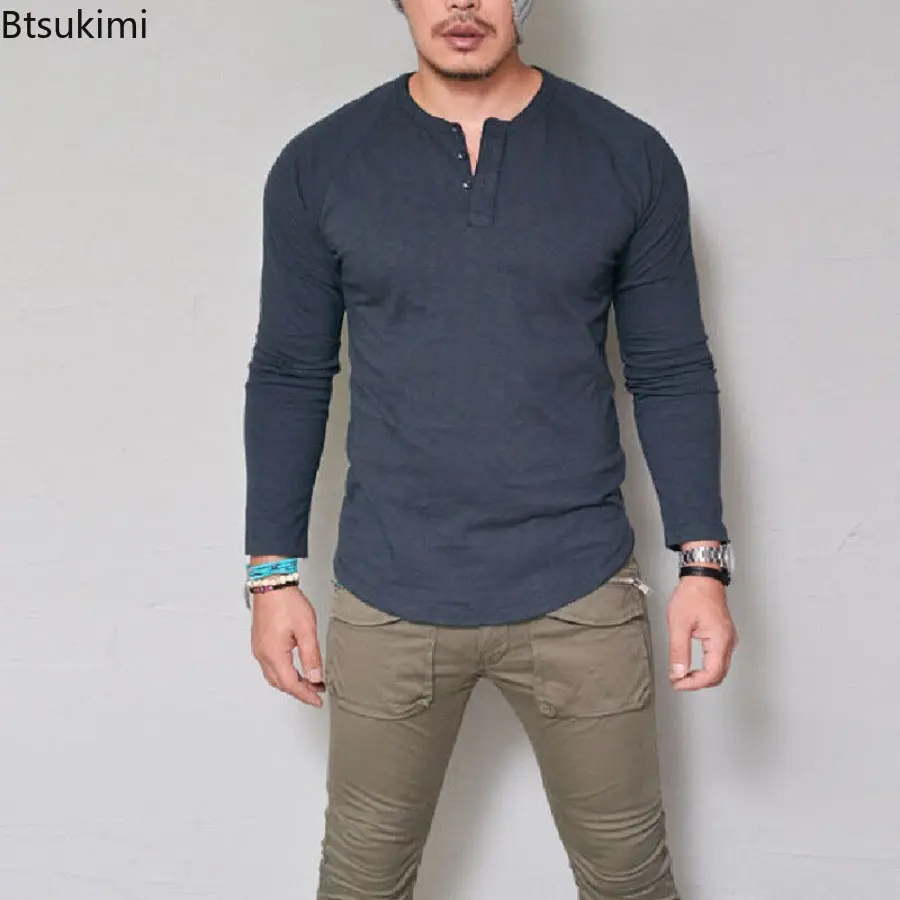 2025 Men's Slim T-shirt Pullover Tops T Shirt Solid Long Sleeve Breathable Cotton O Neck Blouse T-shirt Casual Versatile Tops