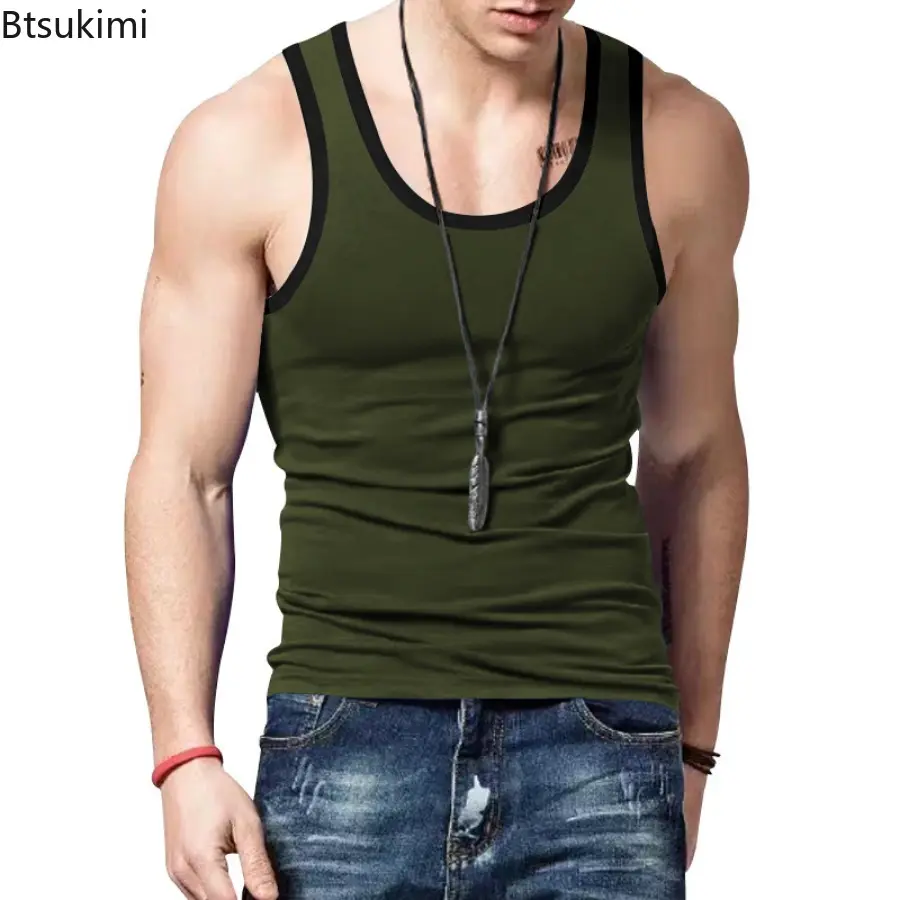 Summer Men's Slim Sport Tank Tops Fashion Colorblock O-neck Sleeveless Casual Vest Men Fitness Undershirts Gym Clothing T-shirts
