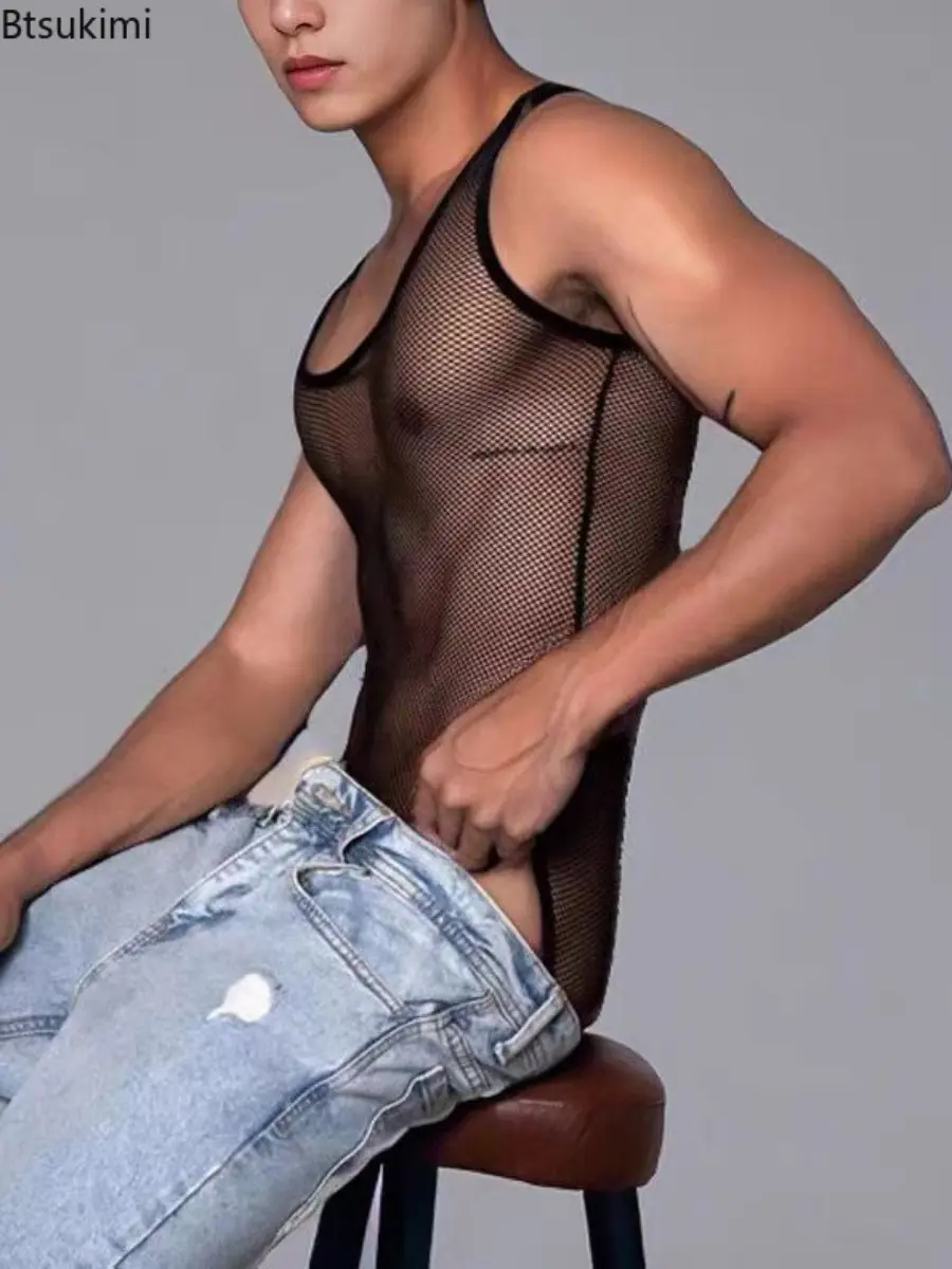Fashion New Men's Sleeveless Mesh Jumpsuits Vest Breathable Sexy Hollow Out See Through Casual Home Wear Men Triangle Bodysuits