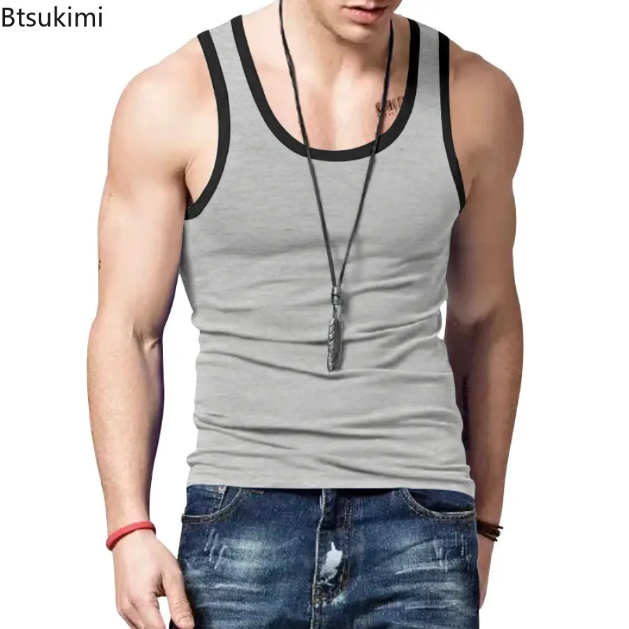 Summer Men's Slim Sport Tank Tops Fashion Colorblock O-neck Sleeveless Casual Vest Men Fitness Undershirts Gym Clothing T-shirts