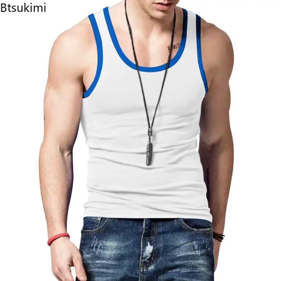 Summer Men's Slim Sport Tank Tops Fashion Colorblock O-neck Sleeveless Casual Vest Men Fitness Undershirts Gym Clothing T-shirts