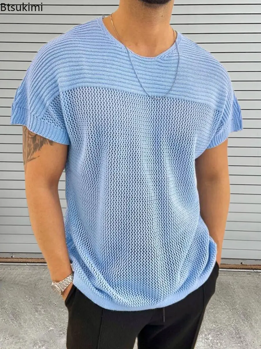 2025 Fashion New Men's Solid Color Knitted T-shirt Summer Breathable Hollow Out O-neck Knit Pullover Men Loose Short Sleeve Tops
