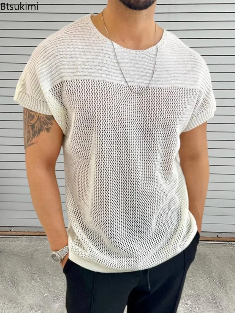 2025 Fashion New Men's Solid Color Knitted T-shirt Summer Breathable Hollow Out O-neck Knit Pullover Men Loose Short Sleeve Tops