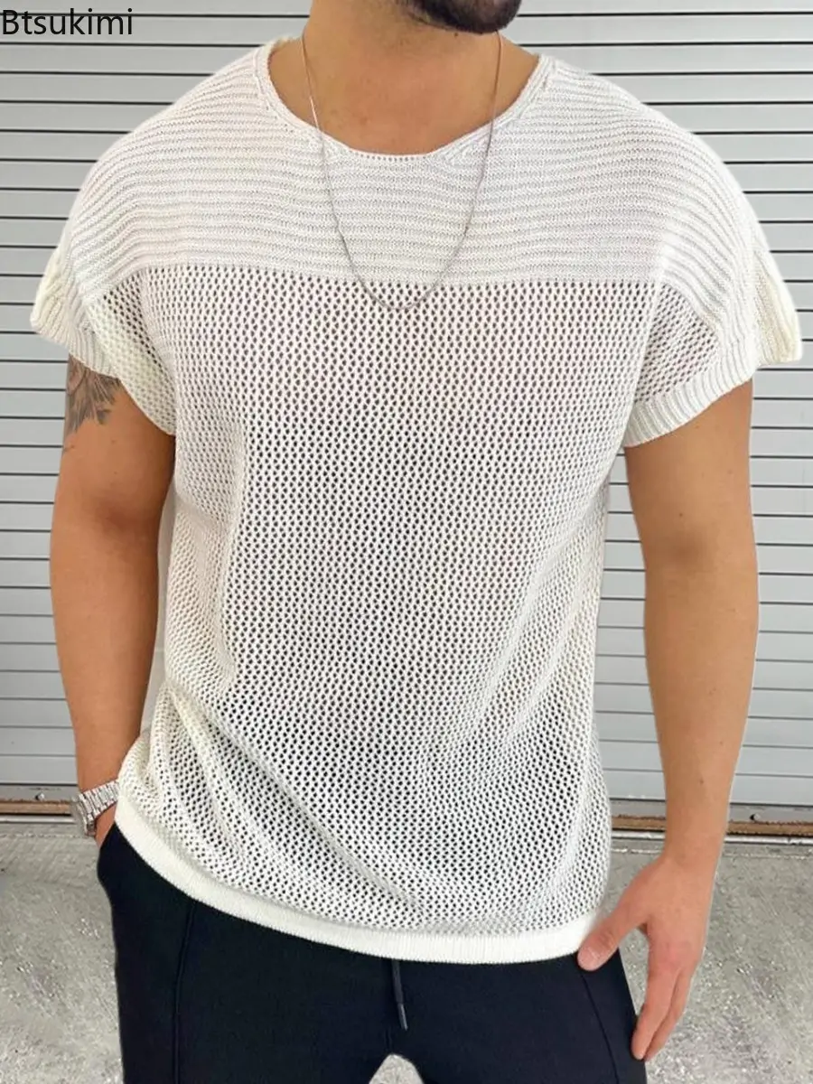 2025 Fashion New Men's Solid Color Knitted T-shirt Summer Breathable Hollow Out O-neck Knit Pullover Men Loose Short Sleeve Tops