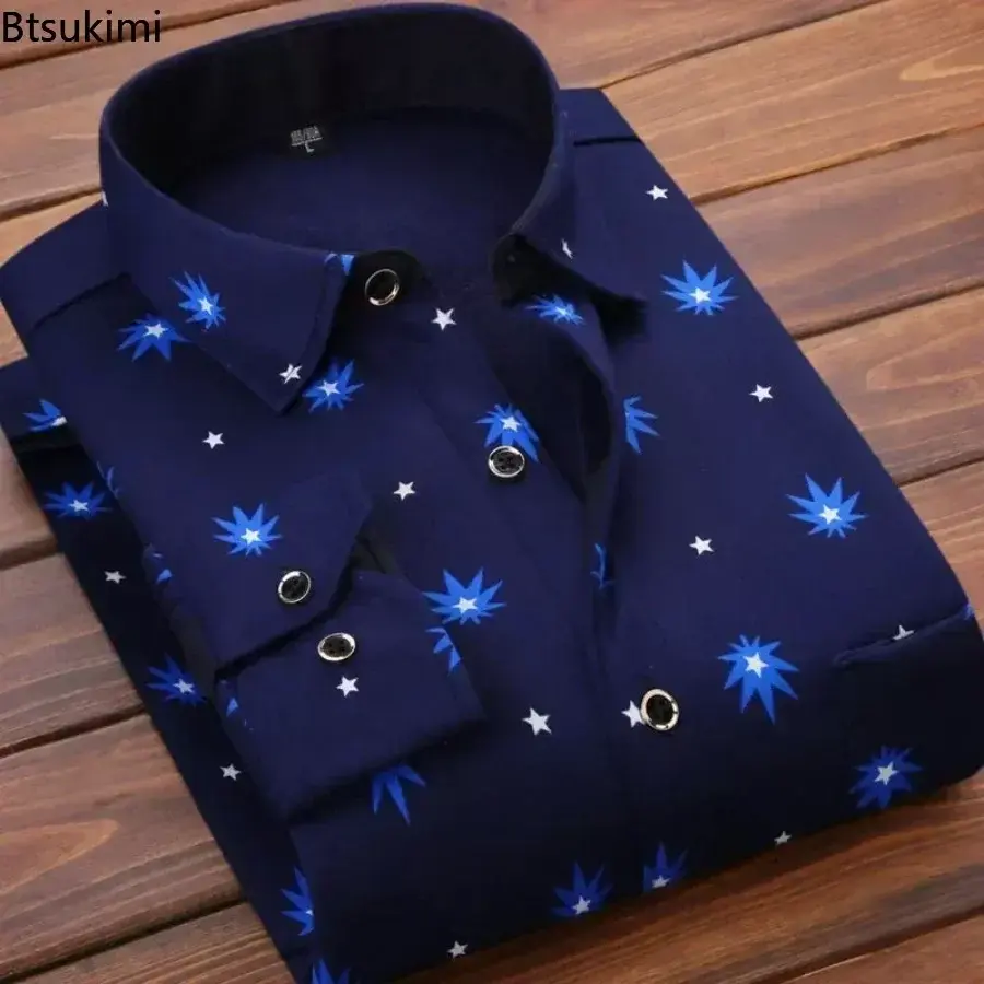 Fashion New Men's Casual Warm Shirts Autumn Winter Long Sleeve Plaid Printed Fleece Thicker Shirt Business Social Blouse for Men