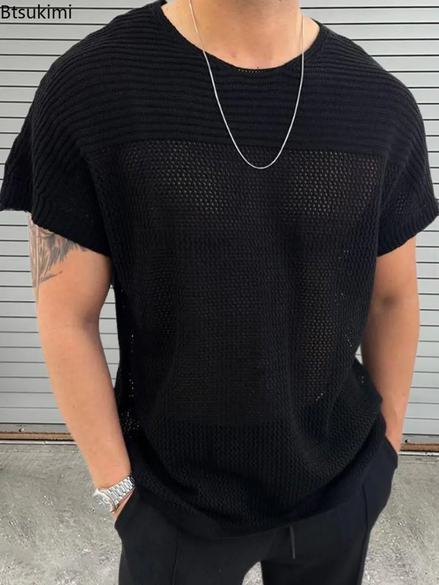 2025 Fashion New Men's Solid Color Knitted T-shirt Summer Breathable Hollow Out O-neck Knit Pullover Men Loose Short Sleeve Tops