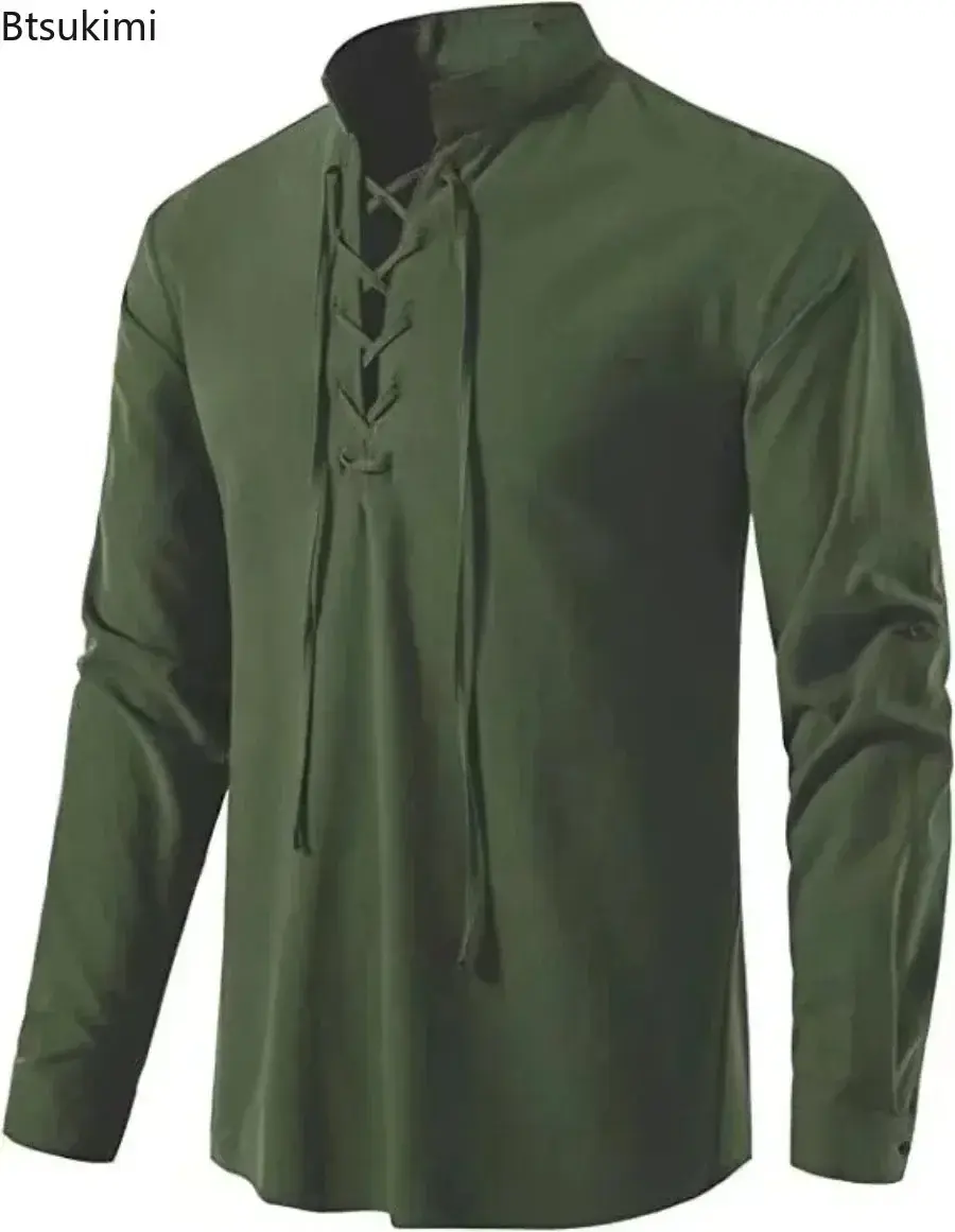 New Men's Casual Cotton Linen Shirt Medieval Renaissance Long Sleeve Stand Collar Shirt Retro Lace-up Cosplay Pirate Costume Top