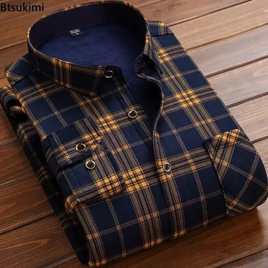 Fashion New Men's Casual Warm Shirts Autumn Winter Long Sleeve Plaid Printed Fleece Thicker Shirt Business Social Blouse for Men