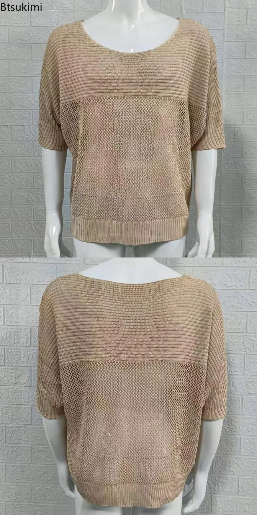 2025 Fashion New Men's Solid Color Knitted T-shirt Summer Breathable Hollow Out O-neck Knit Pullover Men Loose Short Sleeve Tops