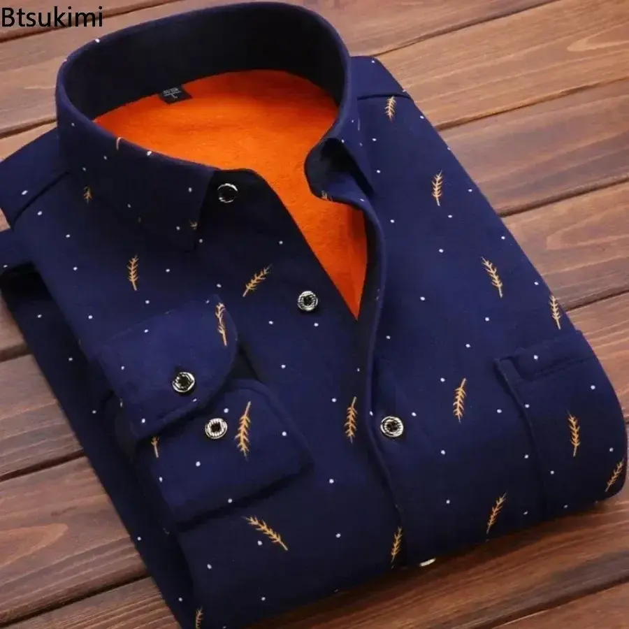 Fashion New Men's Casual Warm Shirts Autumn Winter Long Sleeve Plaid Printed Fleece Thicker Shirt Business Social Blouse for Men