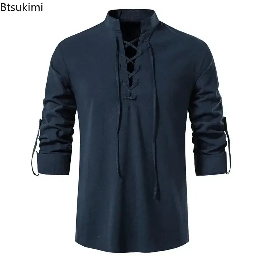 New Men's Casual Cotton Linen Shirt Medieval Renaissance Long Sleeve Stand Collar Shirt Retro Lace-up Cosplay Pirate Costume Top