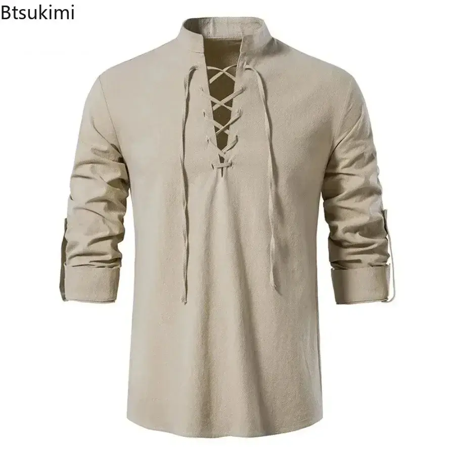 New Men's Casual Cotton Linen Shirt Medieval Renaissance Long Sleeve Stand Collar Shirt Retro Lace-up Cosplay Pirate Costume Top