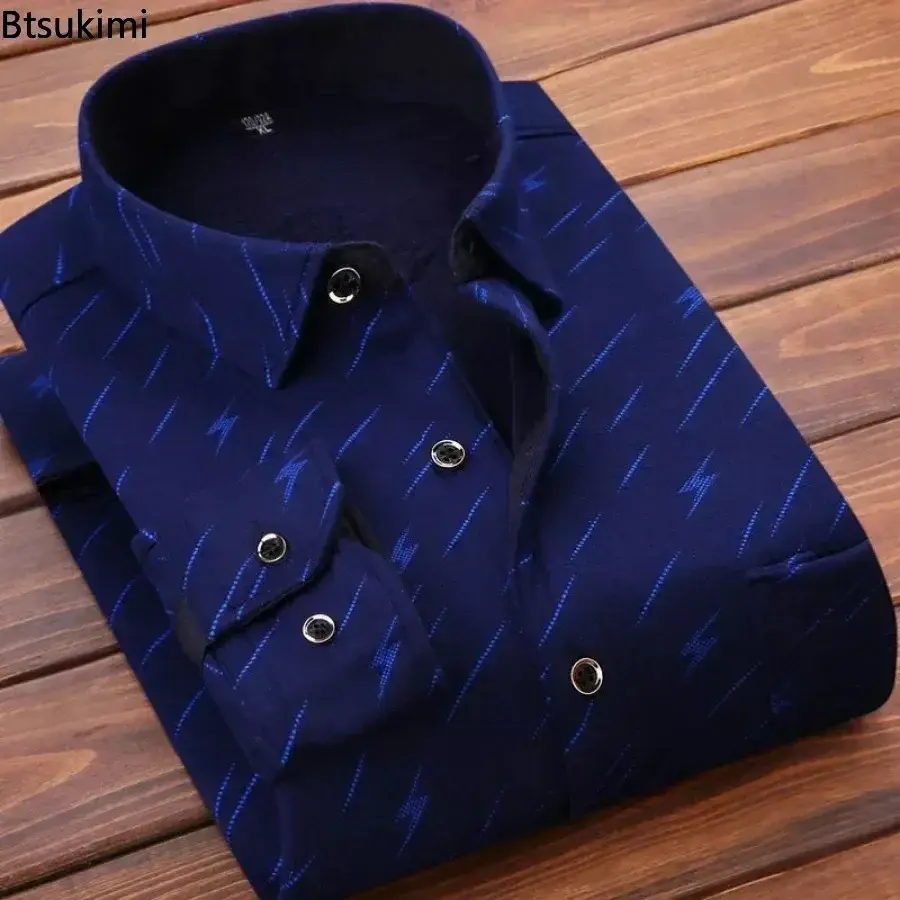 Fashion New Men's Casual Warm Shirts Autumn Winter Long Sleeve Plaid Printed Fleece Thicker Shirt Business Social Blouse for Men