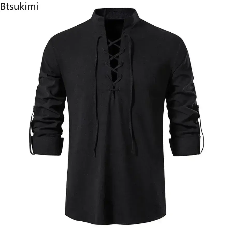New Men's Casual Cotton Linen Shirt Medieval Renaissance Long Sleeve Stand Collar Shirt Retro Lace-up Cosplay Pirate Costume Top