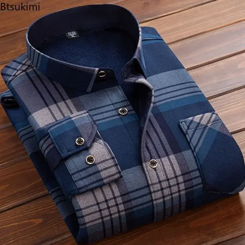 Fashion New Men's Casual Warm Shirts Autumn Winter Long Sleeve Plaid Printed Fleece Thicker Shirt Business Social Blouse for Men