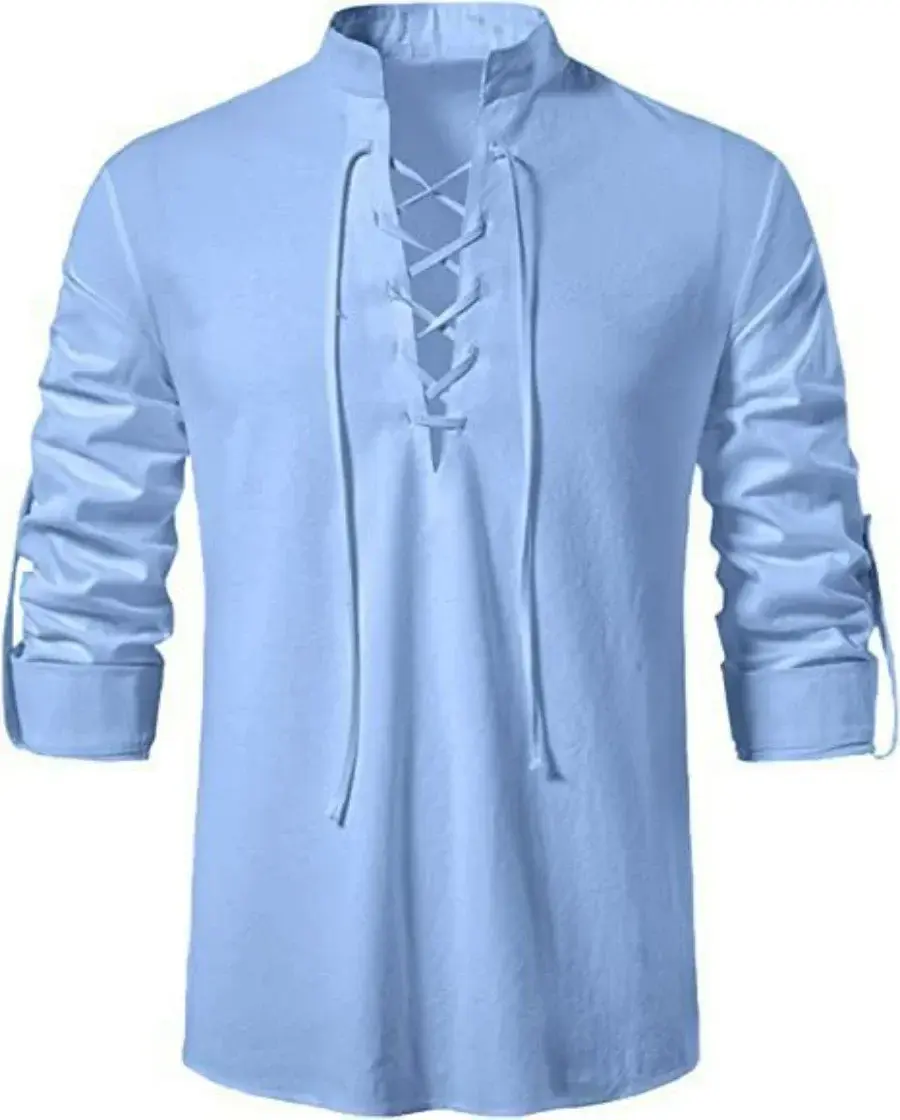New Men's Casual Cotton Linen Shirt Medieval Renaissance Long Sleeve Stand Collar Shirt Retro Lace-up Cosplay Pirate Costume Top