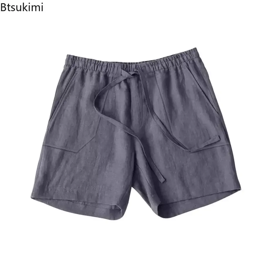Summer New Men's Casual Beach Shorts Fashion Simple Solid Loose Drawstring Short Pants Men Cotton Linen Breathable Sport Shorts